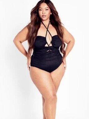 City Chic Chiara 1-Piece Black Ruched Halter Swimsuit
